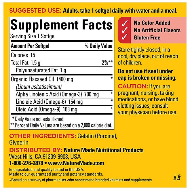 Nature Made Flaxseed Oil 1400 mg Softgels, 300 ct. - Image 3