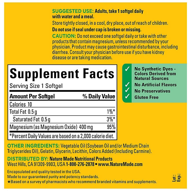 Nature Made Magnesium Oxide 400mg Softgels, 150 ct. - Image 3