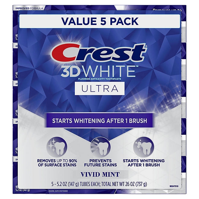 Crest 3D White Vivid Mint Ultra Whitening Toothpaste, 5.2 oz., 5 pk. - Image 2