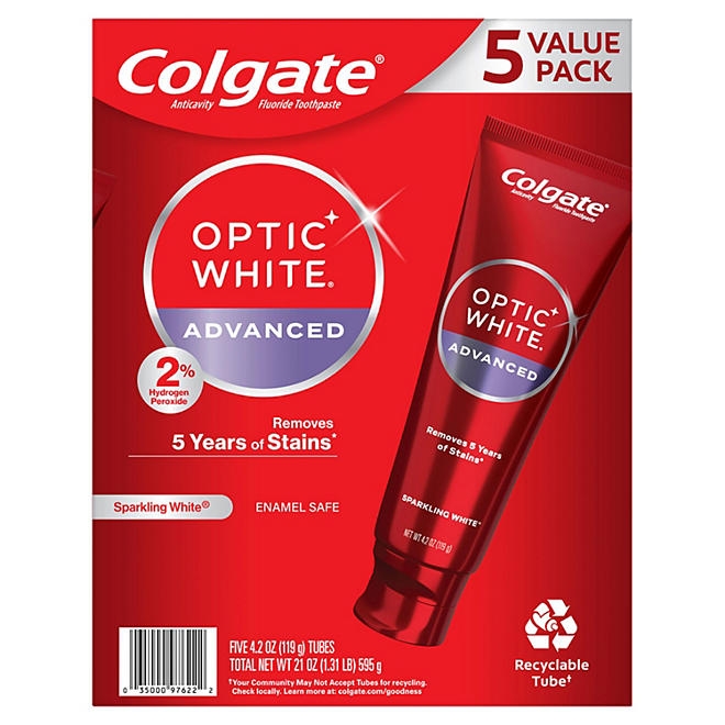 Colgate Optic White Advanced Teeth Whitening Sparkling White Toothpaste, 4.2 oz., 5 pk. - Image 2