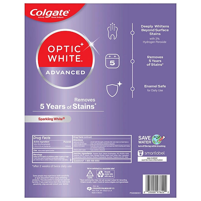 Colgate Optic White Advanced Teeth Whitening Sparkling White Toothpaste, 4.2 oz., 5 pk. - Image 3