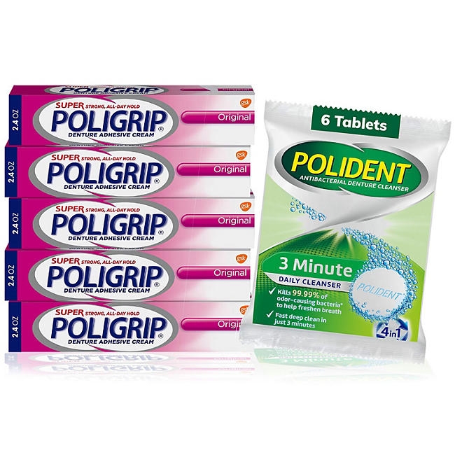 Poligrip Denture Adhesive Cream 2.4 oz., 5 ct. + Polident Cleanser 6 Tablets - Image 2