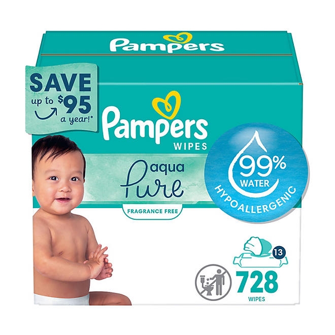 Pampers Aqua Pure Baby Wipes, Fragrance Free, 13 pk., 728 Wipes - Image 2