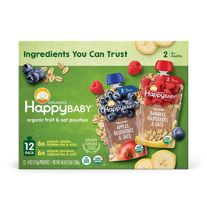 HappyBABY Organics Clearly Crafted Fruit & Oat Pouches, Variety Pack, 12 ct., 4 oz. - Image 2
