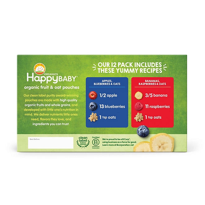HappyBABY Organics Clearly Crafted Fruit & Oat Pouches, Variety Pack, 12 ct., 4 oz. - Image 6