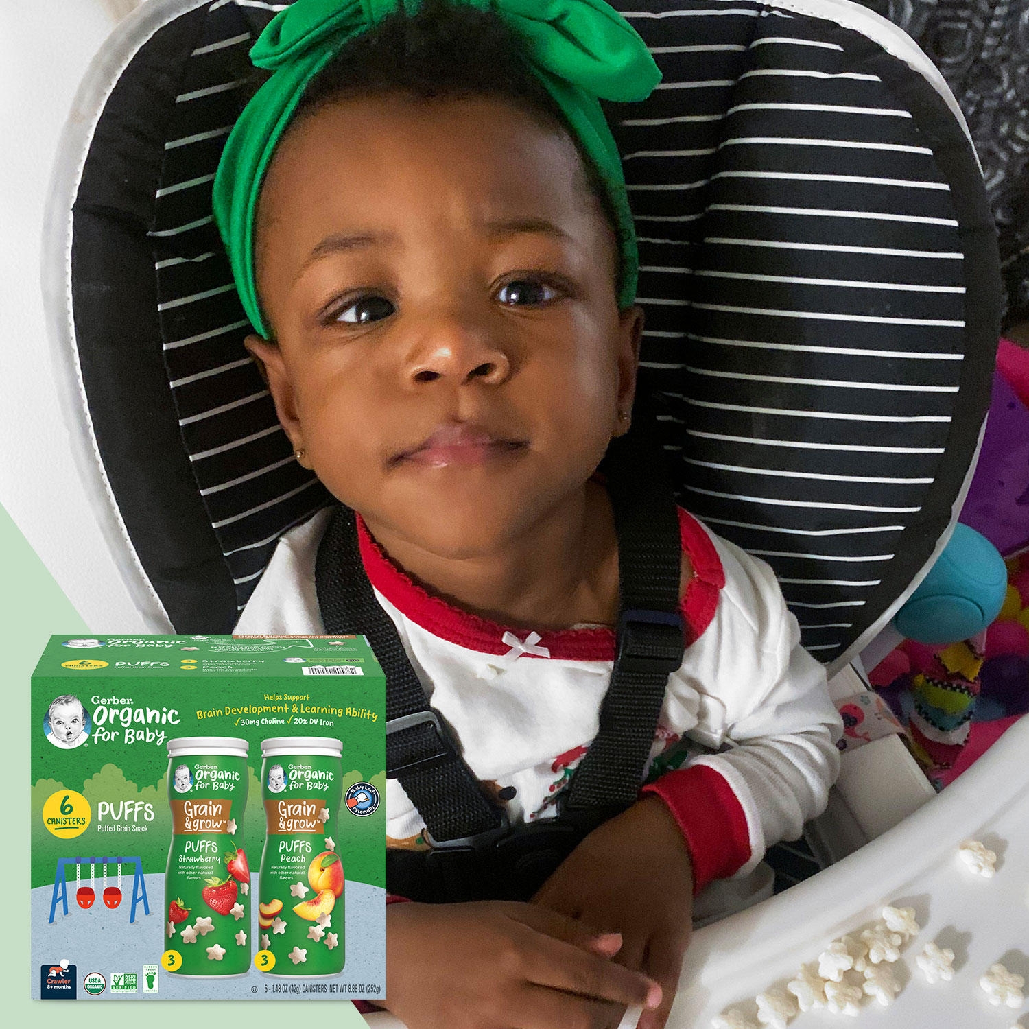 Gerber Organic Grain & Grow Cereal Puffs Variety Pack, Peach and Strawberry, 1.48 oz., 6 pk. - Image 7