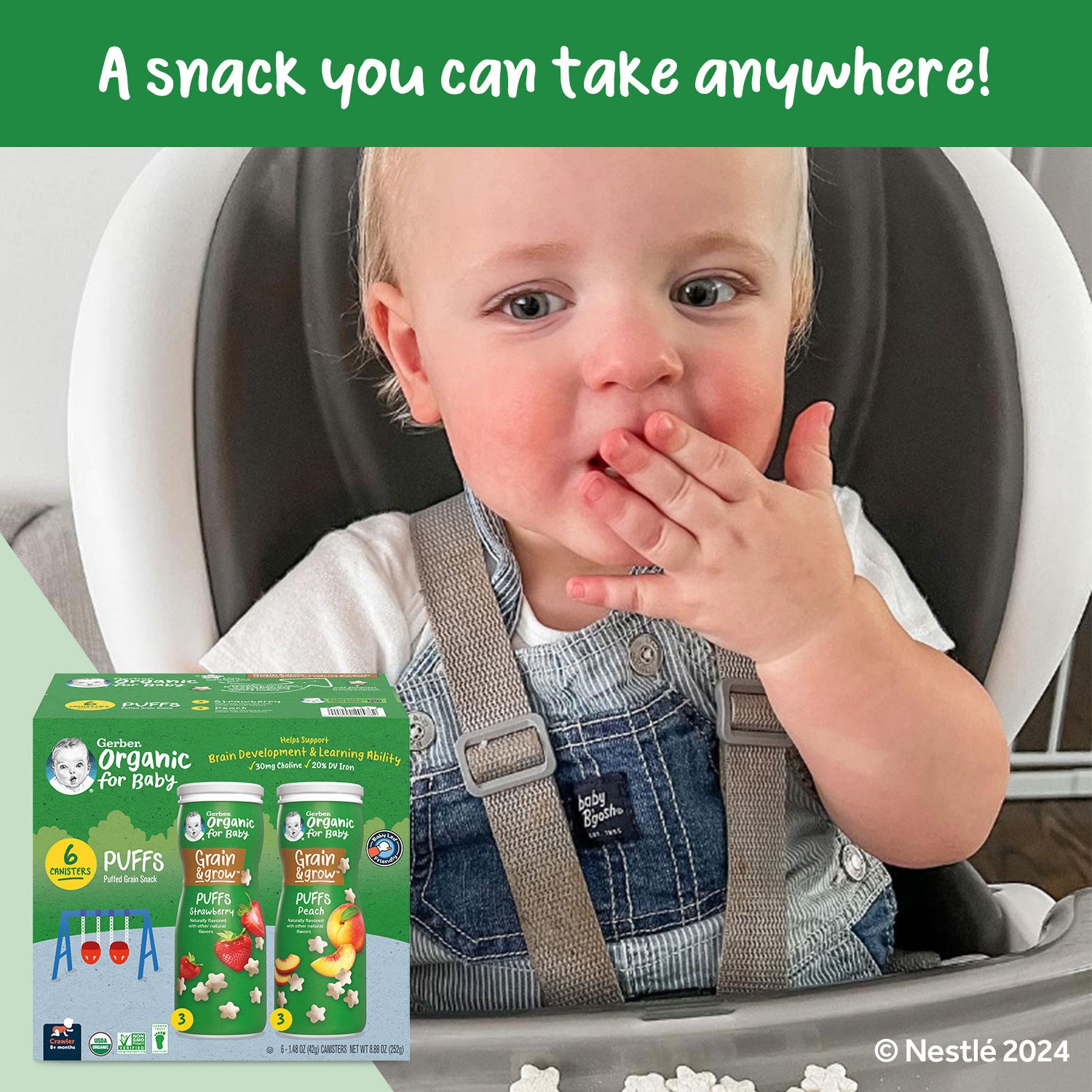 Gerber Organic Grain & Grow Cereal Puffs Variety Pack, Peach and Strawberry, 1.48 oz., 6 pk. - Image 8