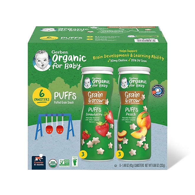 Gerber Organic Grain & Grow Cereal Puffs Variety Pack, Peach and Strawberry, 1.48 oz., 6 pk. - Image 9