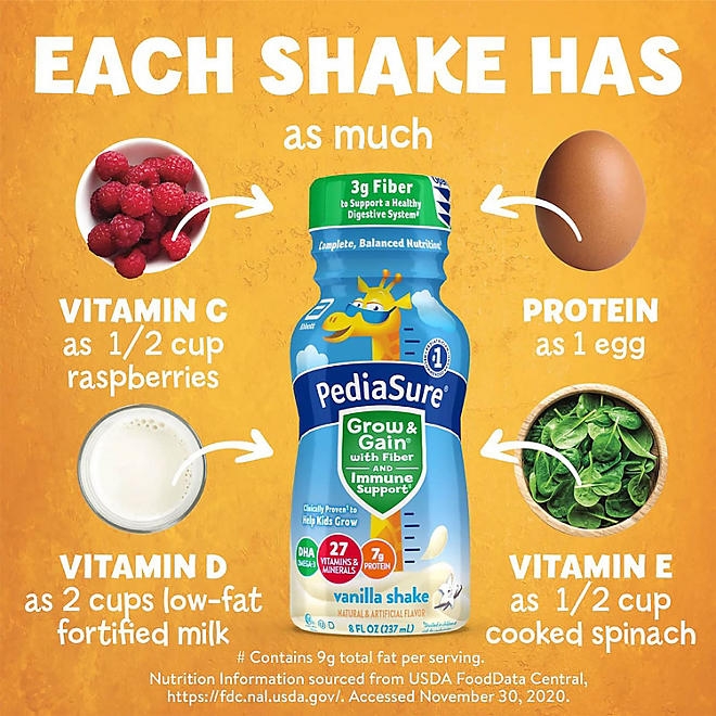 PediaSure Grow and Gain Nutritional Shake with Fiber for Kids, Vanilla, 8 fl. oz., 24 pk. - Image 7