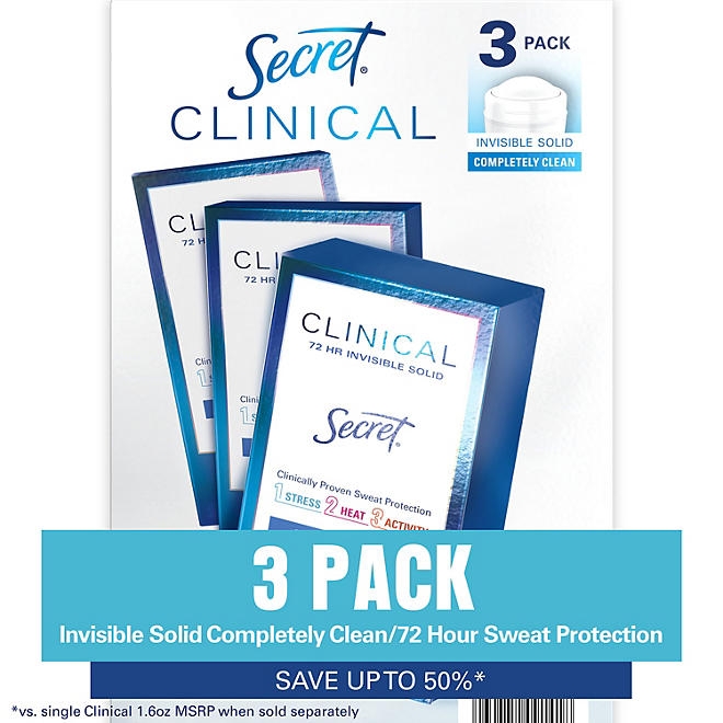 Secret Clinical Invisible Solid Antiperspirant and Deodorant, Completely Clean, 1.6 oz., 3 pk. - Image 2