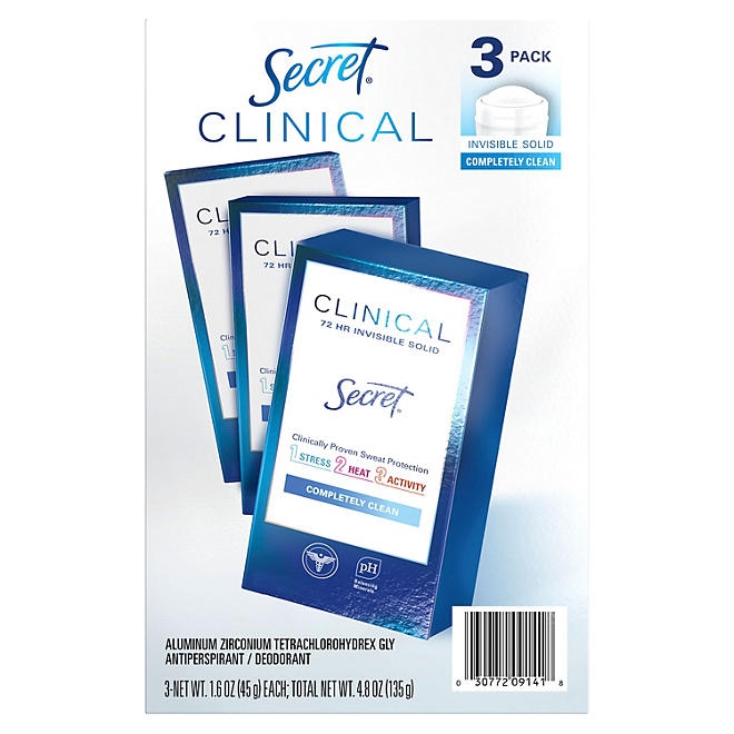 Secret Clinical Invisible Solid Antiperspirant and Deodorant, Completely Clean, 1.6 oz., 3 pk. - Image 3