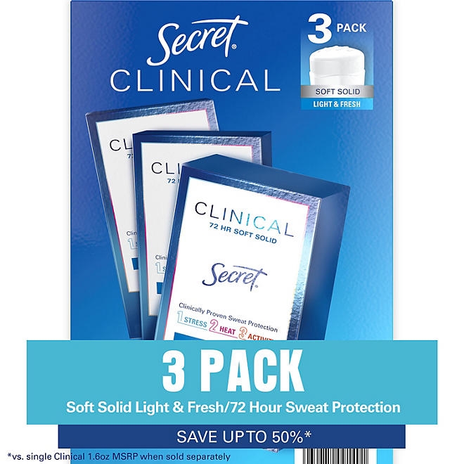 Secret Clinical Soft Solid Antiperspirant and Deodorant, Light & Fresh, 1.6 oz., 3 ct. - Image 2