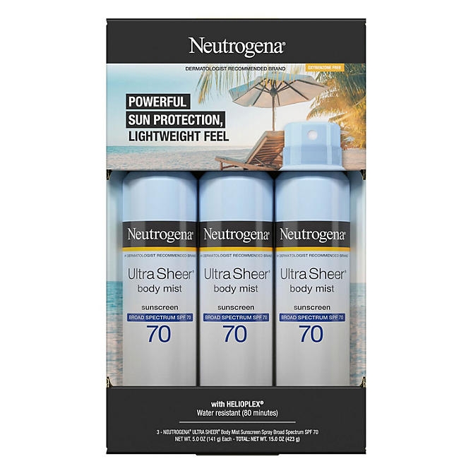 Neutrogena Ultra Sheer Body Mist Sunscreen Spray, SPF 70, 5 oz., 3 pk. - Image 2