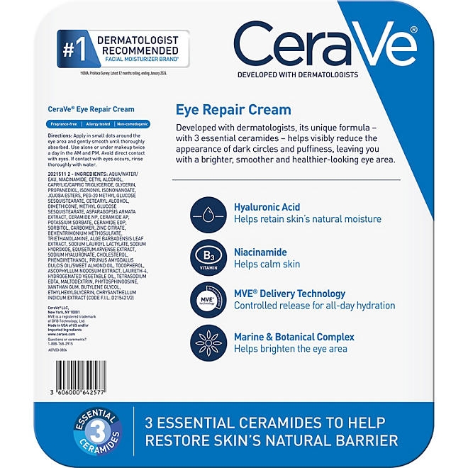 CeraVe Eye Repair Cream for Dark Circles & Puffiness, .5 oz., 2 pk. - Image 4