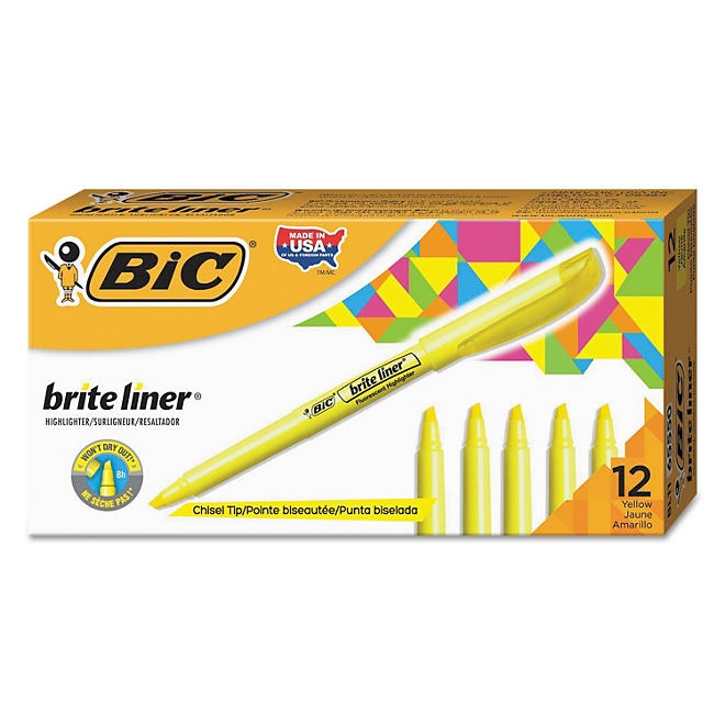 BIC Brite Liner Highlighter, Chisel Tip, Fluorescent Yellow, 12pk. - Image 2