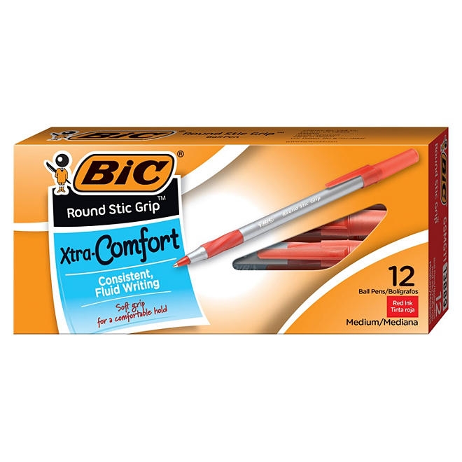 BIC Round Stic Grip Xtra Comfort Ballpoint Pen, Red Ink, 1.2mm, Medium, 12ct. - Image 2