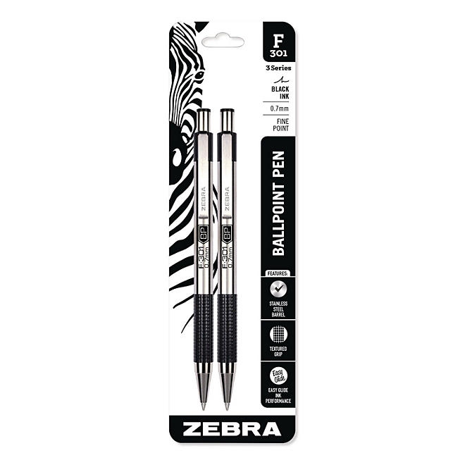 Zebra F-301 Ballpoint Pen, Retractable, Fine 0.7 mm, Black Ink, Stainless Steel/Black Barrel, 2/Pack - Image 2