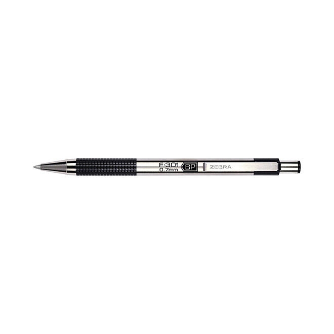 Zebra F-301 Ballpoint Pen, Retractable, Fine 0.7 mm, Black Ink, Stainless Steel/Black Barrel, 2/Pack - Image 3