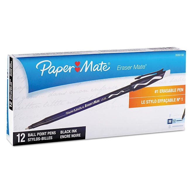 Paper Mate - Eraser Mate Ballpoint Stick Erasable Pen, Black Ink, Medium - Dozen - Image 2