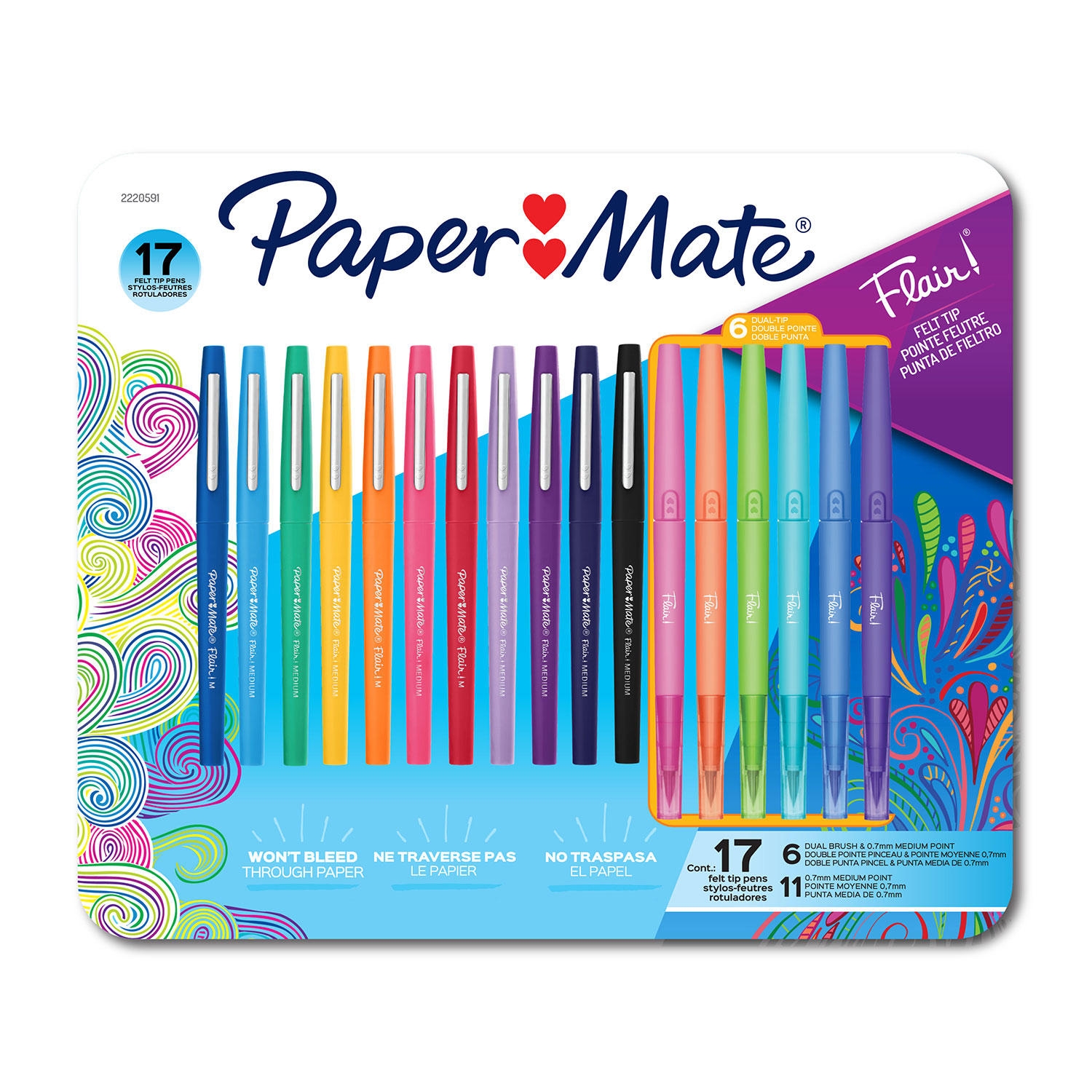 Paper Mate Flair Felt Tip Pens, Medium and Dual-Brush Tip, Assorted Colors, 17 Count