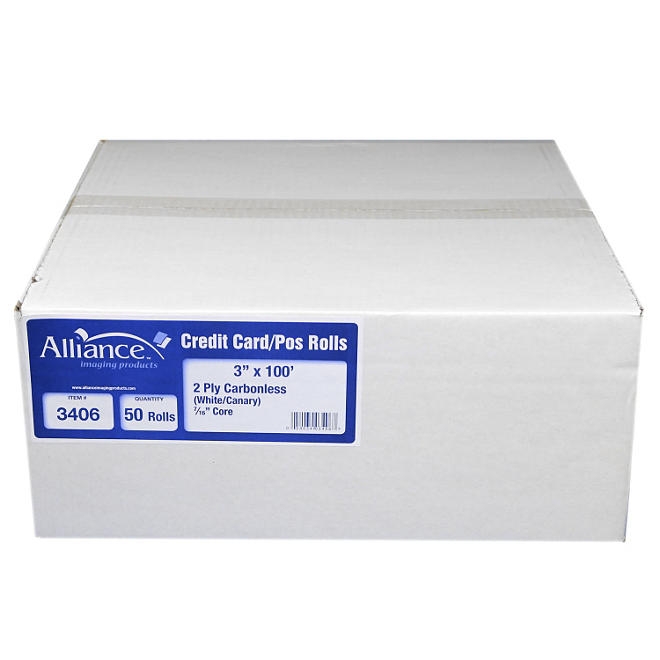 Alliance 2-Ply Carbonless Receipt Rolls, 3"x100', White/Canary, 50 Rolls - Image 2