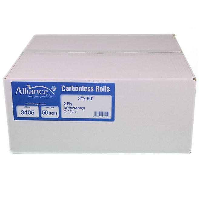 Alliance 2-Ply Carbonless Receipt Rolls, 3"x90', White/Canary, 50 Rolls - Image 2