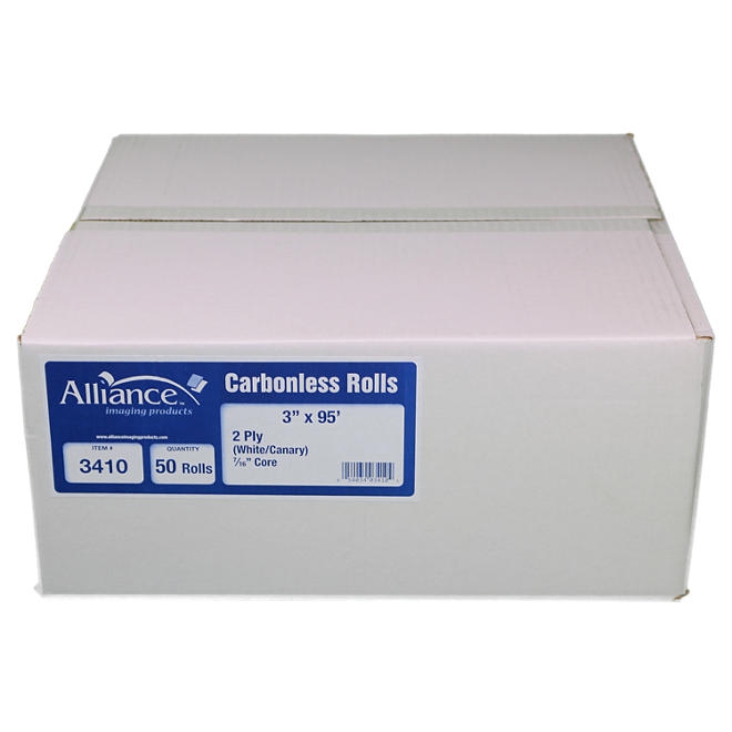 Alliance 2-Ply Carbonless Receipt Rolls, 3"x95', White/Canary, 50 Rolls - Image 2