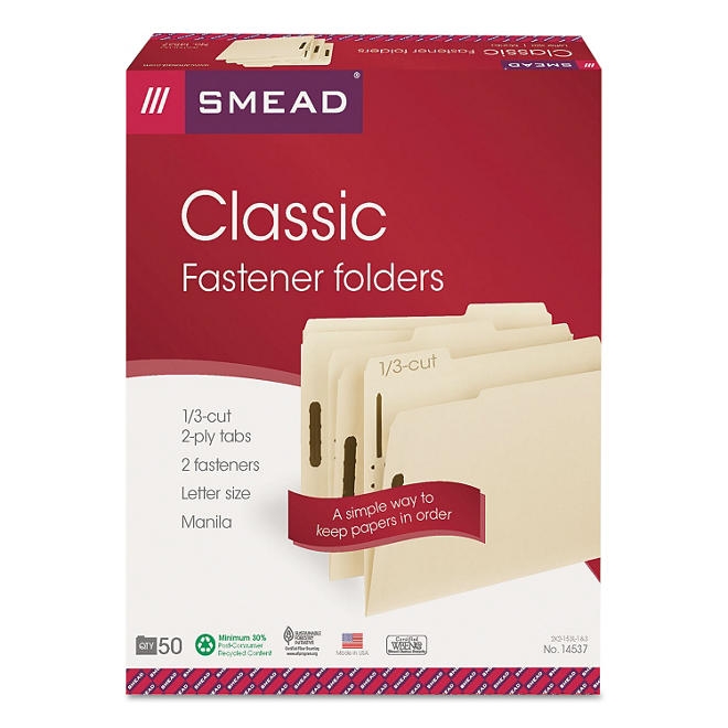 Smead 1/3 Cut Assorted Position Tabs Two Fastener File Folder, Manila Letter, 50ct. - Image 7