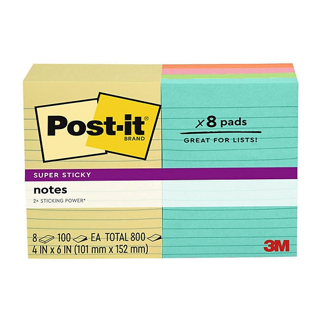 Post-it Super Sticky Notes, 4" x 6", Assorted Colors, Lined, 8 Pack, 800 Total Sheets - Image 2