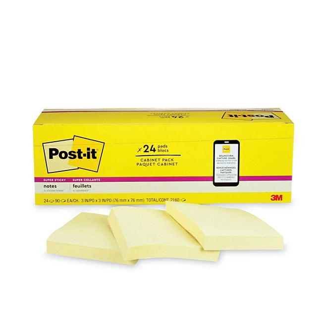 Post-it Notes Super Sticky Pads, 3" x 3", Canary Yellow, 24 Pads, 2,160 Total Sheets - Image 2