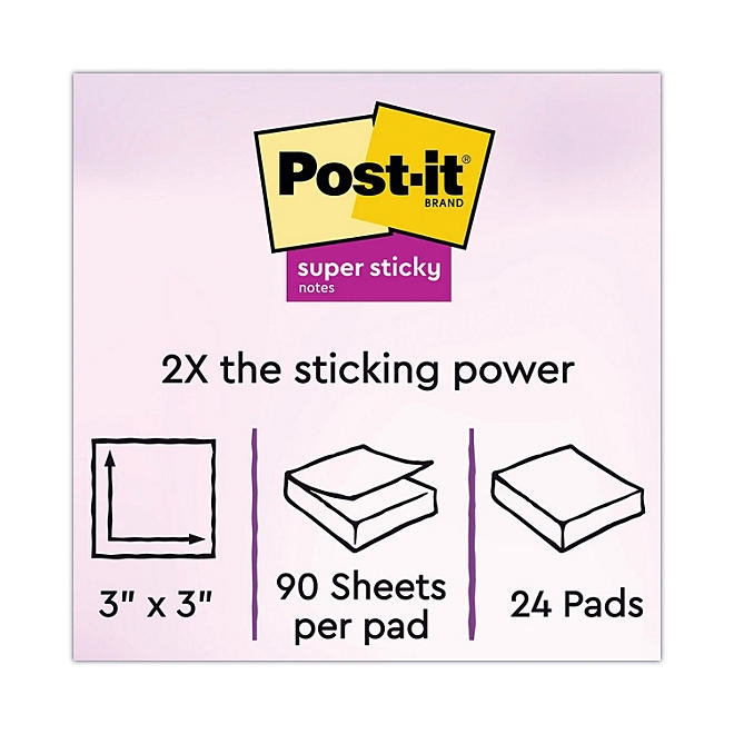 Post-it Notes Super Sticky Pads, 3" x 3", Canary Yellow, 24 Pads, 2,160 Total Sheets - Image 3