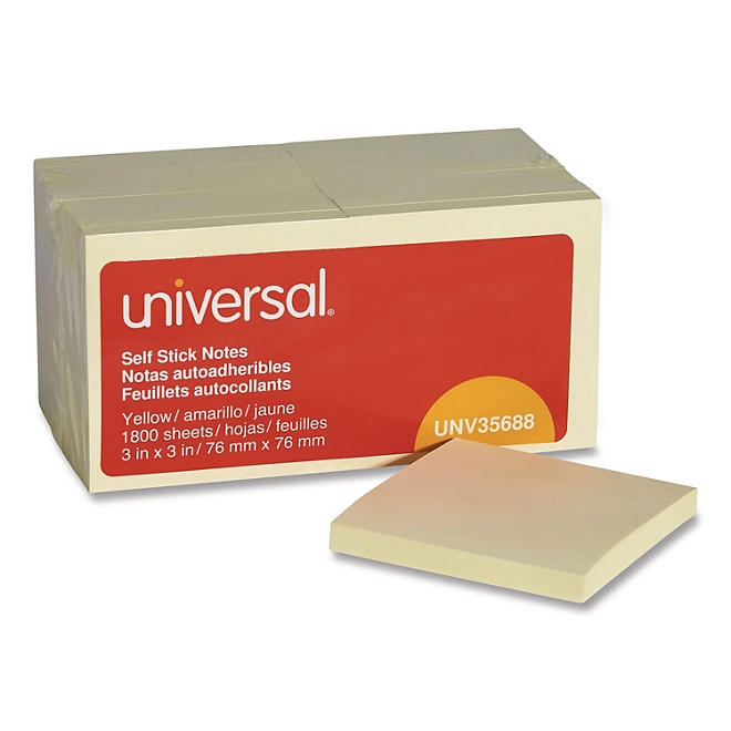 Universal Self-Stick Note Pads, 3 x 3, Yellow, 100-Sheet, 18/Pack - Image 2