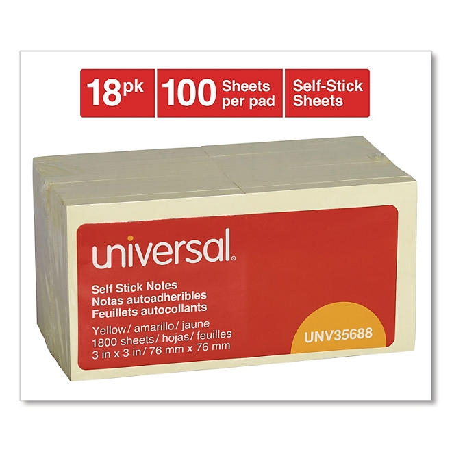 Universal Self-Stick Note Pads, 3 x 3, Yellow, 100-Sheet, 18/Pack - Image 3