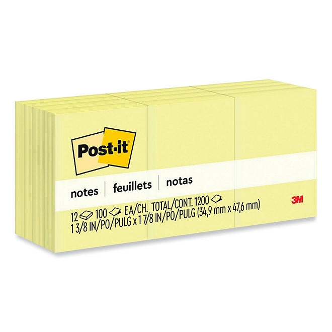 Post-it Notes Original Notes, 1-1/2 x 2, 100 Sheet Pads, 12 Pads, 1,200 Total Sheets, Canary Yellow - Image 2