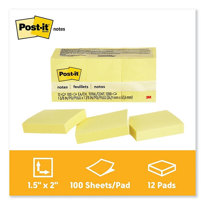 Post-it Notes Original Notes, 1-1/2 x 2, 100 Sheet Pads, 12 Pads, 1,200 Total Sheets, Canary Yellow - Image 3