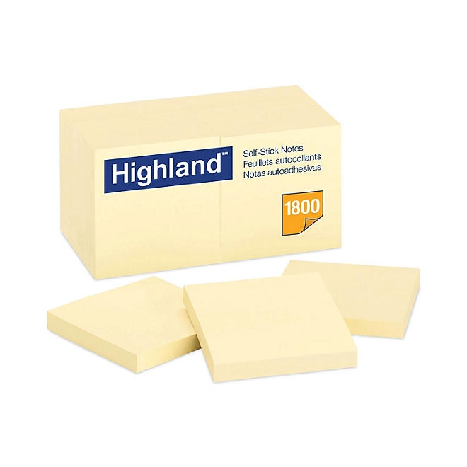 Highland - Self-Stick Notes, 3 x 3, Yellow - 18 100-Sheet Pads/Pack - Image 2