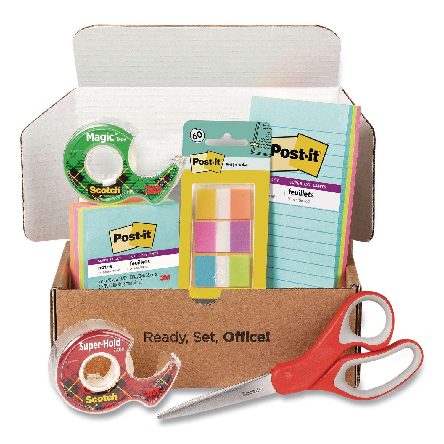 Office Essentials Kit, 7 Pads Assorted Super Sticky Notes, 1 Pack Flags, Roll Magic Tape, Roll Super-Hold Tape, 1 Scissors