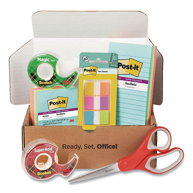 Office Essentials Kit, 7 Pads Assorted Super Sticky Notes, 1 Pack Flags, Roll Magic Tape, Roll Super-Hold Tape, 1 Scissors - Image 2