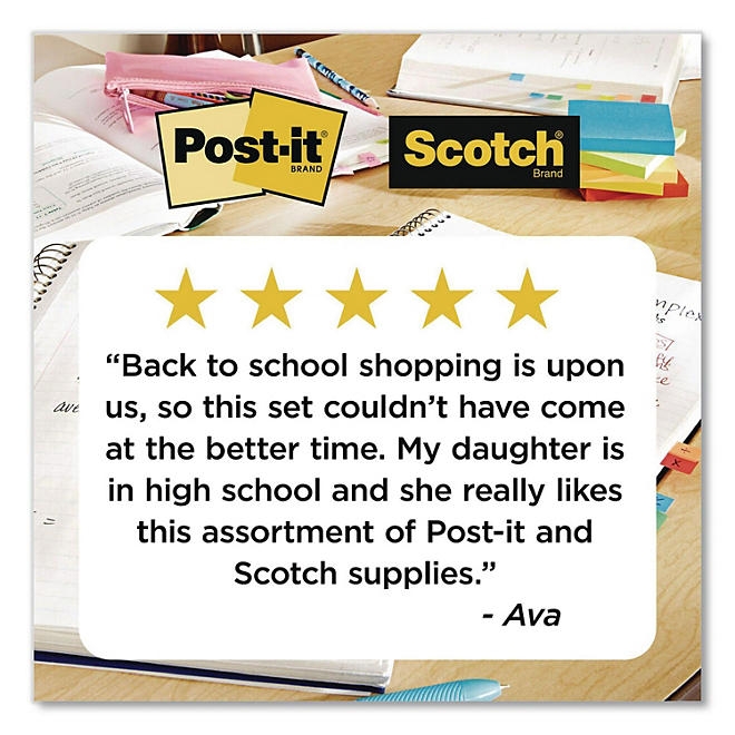 Office Essentials Kit, 7 Pads Assorted Super Sticky Notes, 1 Pack Flags, Roll Magic Tape, Roll Super-Hold Tape, 1 Scissors - Image 3