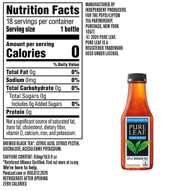 Pure Leaf Zero Sugar Real Brewed Tea Sweet Tea, 16.9 fl. oz., 18 pk. - Image 3