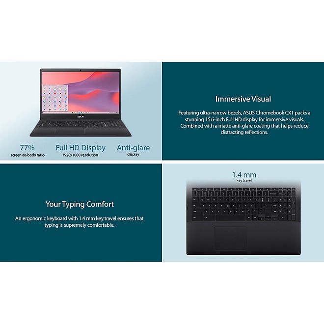 ASUS Chromebook CX1, 15.6" FHD NanoEdge Display, Intel Celeron N4500 Processor, 128GB eMMC Storage, 4GB RAM, ChromeOS, Mineral Gray, CX1500CKA-SS48F - Image 9