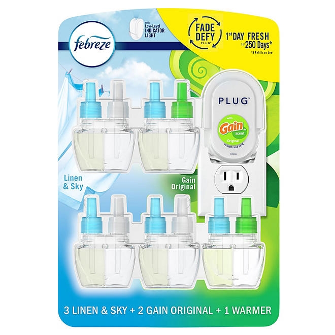 Febreze Fade Defy PLUG Air Freshener, Linen & Sky + Gain Original 1 Warmer + 5 Refills - Image 2