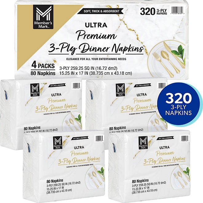 Member's Mark Ultra Premium 3-Ply White Dinner Napkins, 4 pks., 80 napkins/pk. - Image 3