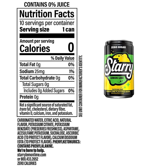 Starry Zero Sugar Lemon Lime Soda Mini Cans, 7.5 fl oz., 30 pk. - Image 3